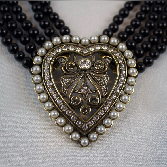 Retired Heidi Daus Black Onyx Bead Necklace with Pearl and Crystal Heart - Picture 5 of 9